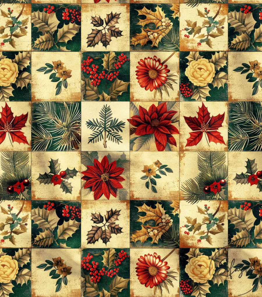 Patchwork Fabric with Red Flower Pattern and Gold Background Patchwork Fabric with Red Flower Pattern and Gold Background - Image 1