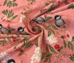 Pink Colored Goldfinch and Leaf Motif Upholstery Fabric Model - Image 3