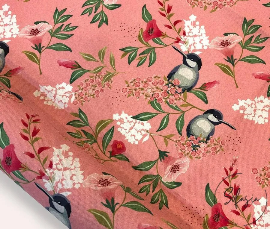 Pink Colored Goldfinch and Leaf Motif Upholstery Fabric Model Pink Colored Goldfinch and Leaf Motif Upholstery Fabric Model - Image 1