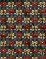 Plaid Background Fabric with Red and Gold Bow Pattern - Image 3
