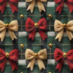 Plaid Background Fabric with Red and Gold Bow Pattern