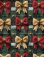 Plaid Background Fabric with Red and Gold Bow Pattern