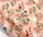 Powder Colored Goldfinch and Leaf Motif Upholstery Fabric
