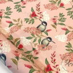 Powder Colored Goldfinch and Leaf Motif Upholstery Fabric