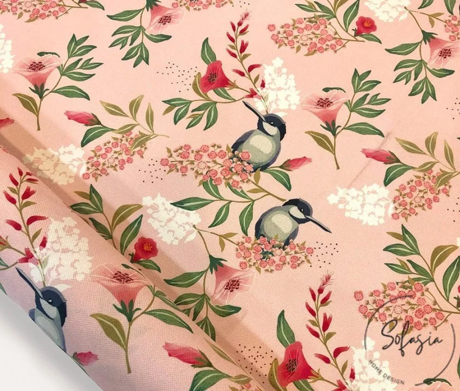 Powder Colored Goldfinch and Leaf Motif Upholstery Fabric Powder Colored Goldfinch and Leaf Motif Upholstery Fabric - Image 1