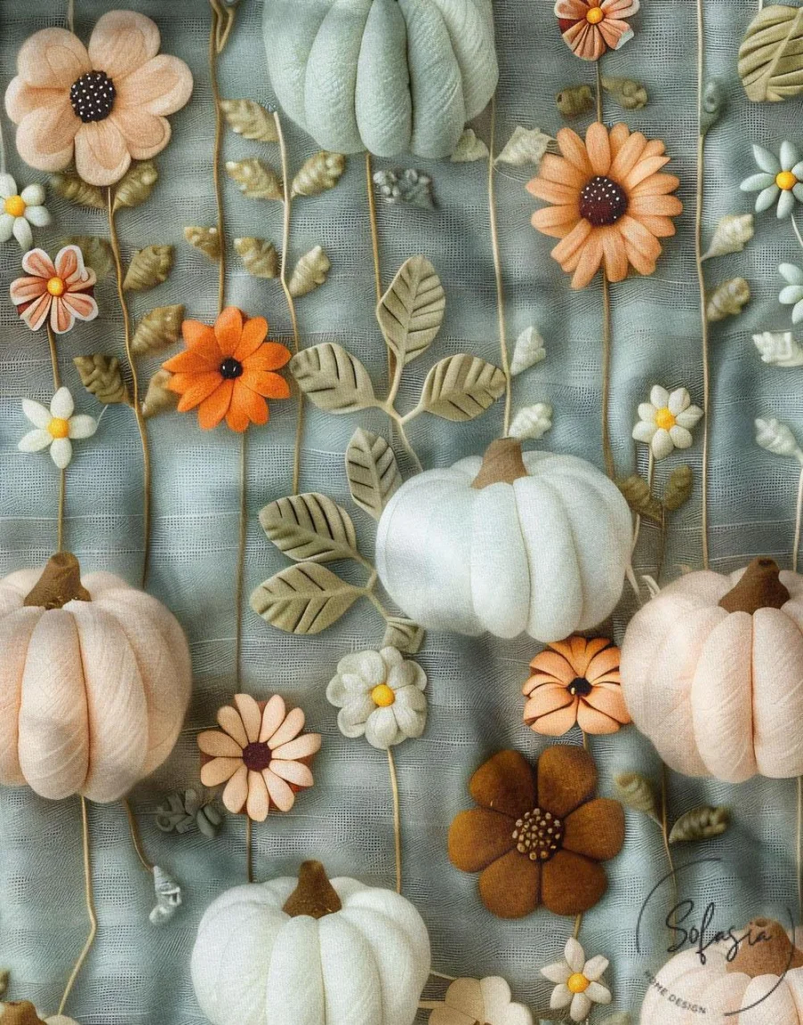 Pumpkin and Flower Pattern Drapery Upholstery Fabric Pumpkin and Flower Pattern Drapery Upholstery Fabric - Image 1