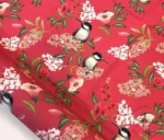 Red Colored Goldfinch and Leaf Motif Upholstery Fabric