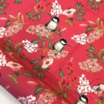Red Colored Goldfinch and Leaf Motif Upholstery Fabric