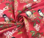 Red Colored Goldfinch and Leaf Motif Upholstery Fabric - Image 4