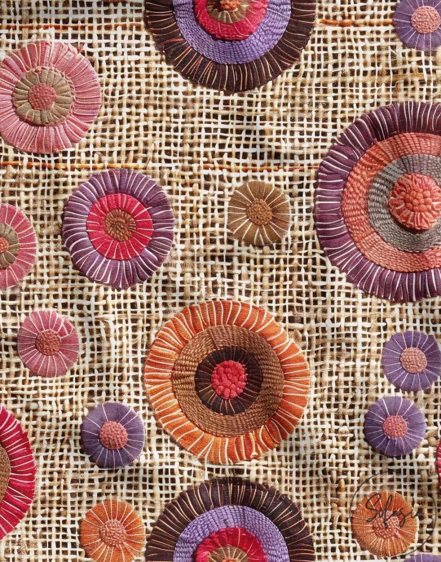 Retro Style Fabric with 3D Wicker Backdrop Embroidery Pattern (Colorful Circles) Retro Style Fabric with 3D Wicker Backdrop Embroidery Pattern (Colorful Circles) - Image 1