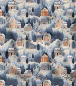 Snowy Houses with Winter View Patterned Fabric
