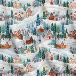 Snowy Winter View and Houses Patterned Fabric