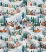 Snowy Winter View and Houses Patterned Fabric
