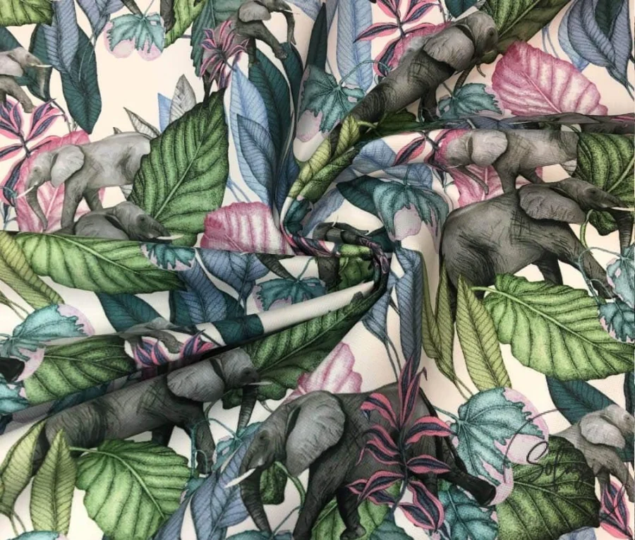 Upholstery Ikat Fabric with Elephant and Leaf Patterns Upholstery Ikat Fabric with Elephant and Leaf Patterns - Image 1