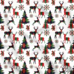 Winter Deer and Pine Tree White Background Fabric