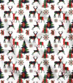Winter Deer and Pine Tree White Background Fabric