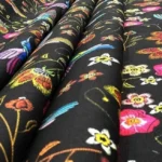 Black Fabric with Hummingbird and Floral Design