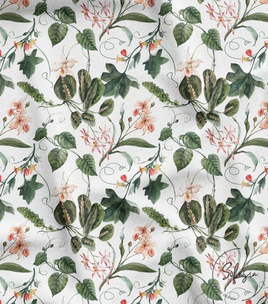 Botanical Floral Fabric Pattern on White Background Botanical Floral Fabric Pattern on White Background - Image 1