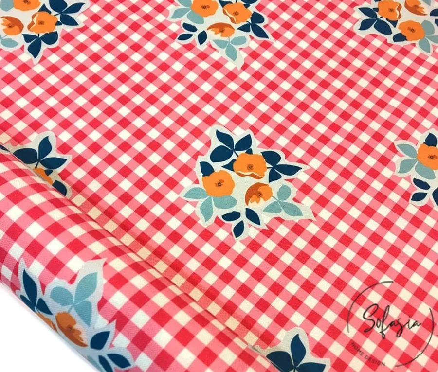 Floral Patterned Sofa and Curtain Fabric on a Red Gingham Background Floral Patterned Sofa and Curtain Fabric on a Red Gingham Background - Image 1