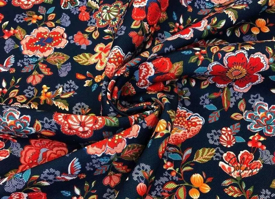 Navy Blue Floor Flower Motif Sofa Fabric Navy Blue Floor Flower Motif Sofa Fabric - Image 1