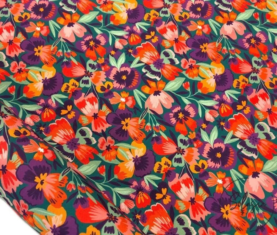 Upholstered Sofa and Background Curtain Fabric with Multi-Colored Flowers Upholstered Sofa and Background Curtain Fabric with Multi-Colored Flowers - Image 1