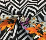 Black and White Zigzag Fabric with Purple Floral Tropical Pattern - Image 3