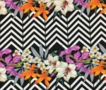 Black and White Zigzag Fabric with Purple Floral Tropical Pattern
