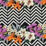 Black and White Zigzag Fabric with Purple Floral Tropical Pattern
