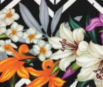 Black and White Zigzag Fabric with Purple Floral Tropical Pattern - Image 7