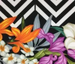 Black and White Zigzag Fabric with Purple Floral Tropical Pattern - Image 9