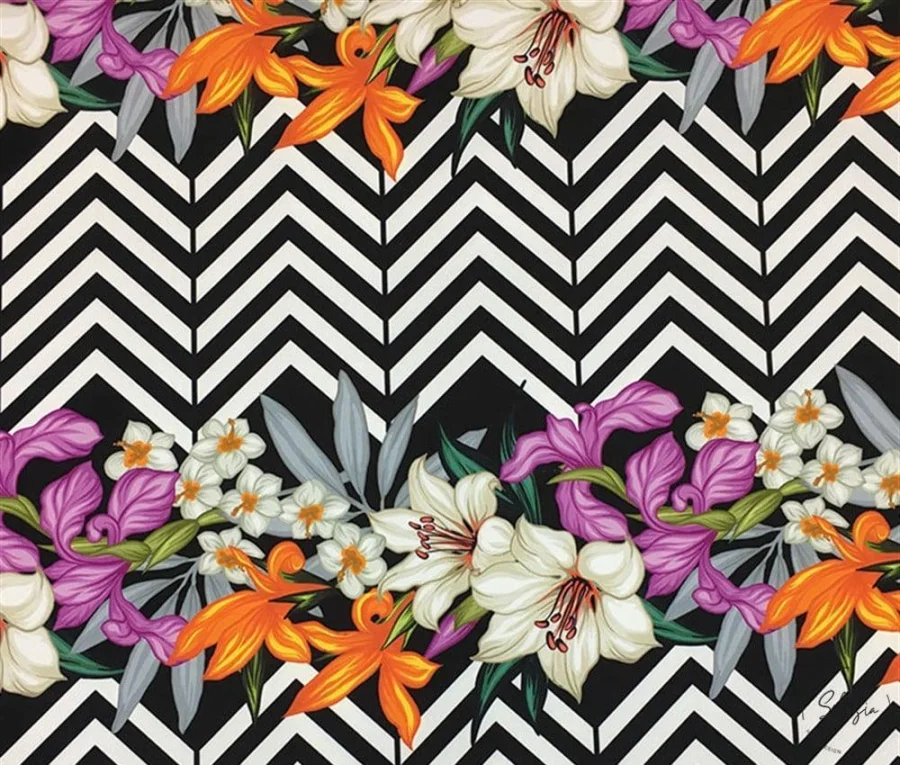 Black and White Zigzag Fabric with Purple Floral Tropical Pattern Black and White Zigzag Fabric with Purple Floral Tropical Pattern - Image 1