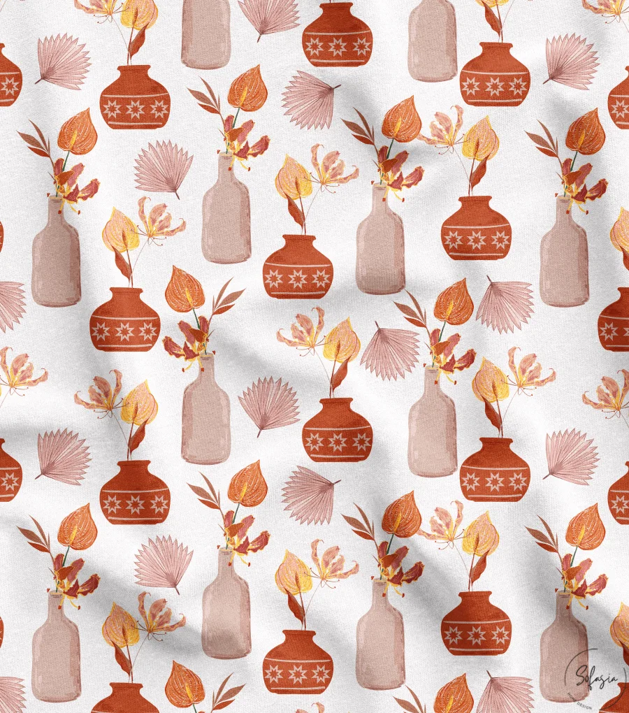 Bohemian Style Terracotta Vase Design Floral Fabric Bohemian Style Terracotta Vase Design Floral Fabric - Image 1