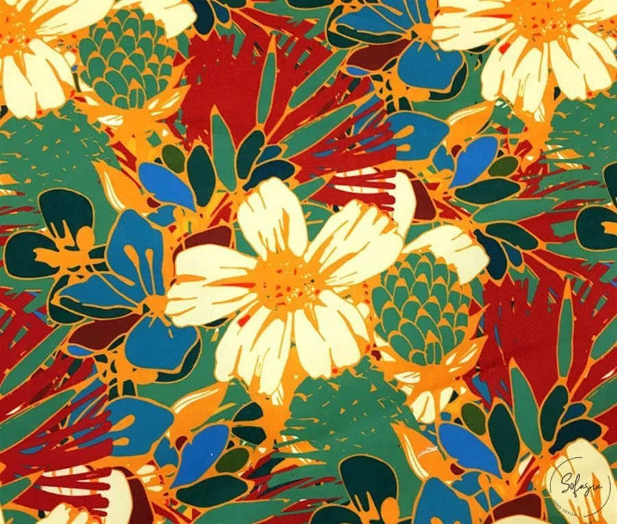 Colorful Tropical Floral Nostalgic Drapery Fabric Colorful Tropical Floral Nostalgic Drapery Fabric - Image 1