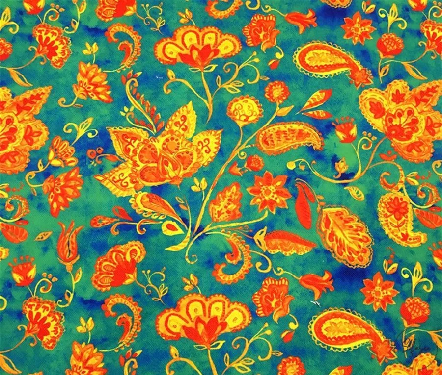 Green Paisley Pattern Yellow Flowers Drapery Fabric Green Paisley Pattern Yellow Flowers Drapery Fabric - Image 1