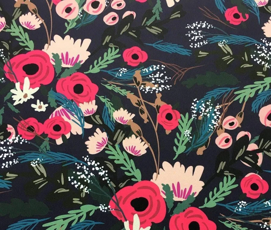 Green Pink Flower Bouquet Patterned Black Upholstery Fabric Green Pink Flower Bouquet Patterned Black Upholstery Fabric - Image 1