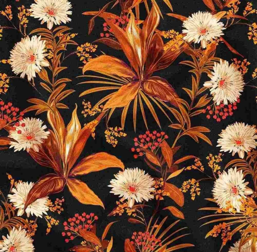 Orange Lily and White Chrysanthemum Flower Pattern Fabric Pattern Orange Lily and White Chrysanthemum Flower Pattern Fabric Pattern - Image 1