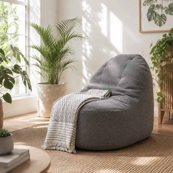 pouf chair gray teddy boucle fabric