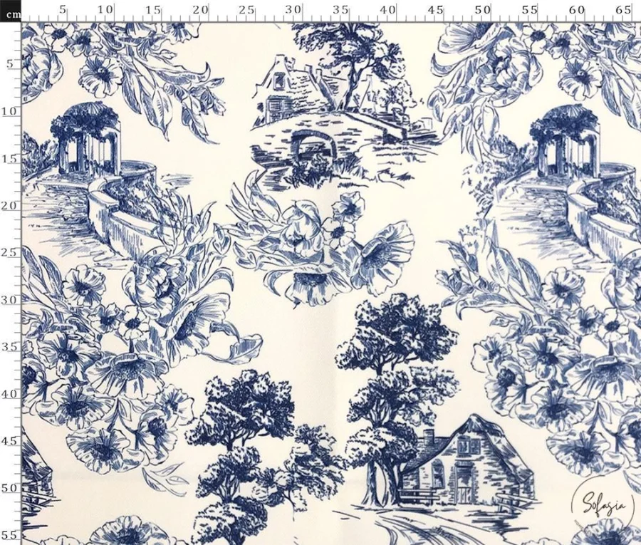 Toile de Jouy Style Nostalgic Country Houses Patterned Upholstery Fabric Toile de Jouy Style Nostalgic Country Houses Patterned Upholstery Fabric - Image 1