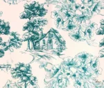 Turquoise Toile de Jouy Style Country Houses Patterned Sofa Upholstery Fabric - Image 3
