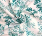 Turquoise Toile de Jouy Style Country Houses Patterned Sofa Upholstery Fabric - Image 4
