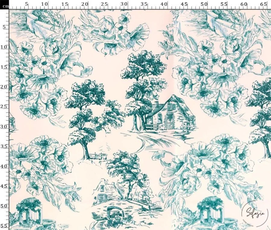 Turquoise Toile de Jouy Style Country Houses Patterned Sofa Upholstery Fabric Turquoise Toile de Jouy Style Country Houses Patterned Sofa Upholstery Fabric - Image 1