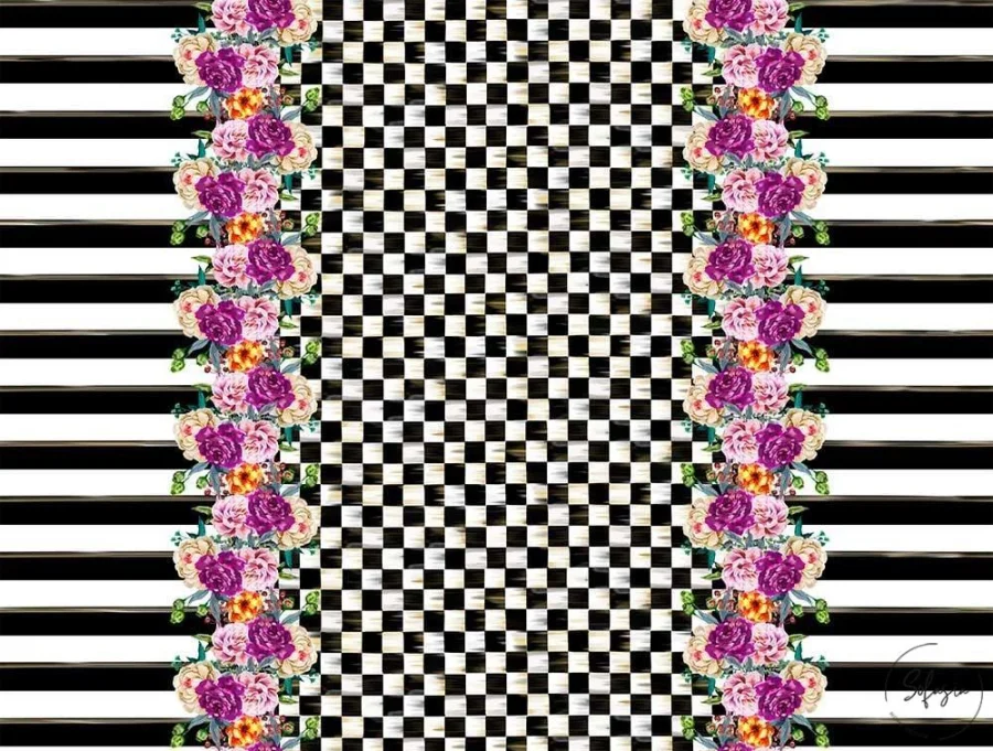 Black and White Checked Floral Horizontal Striped Upholstery Fabric Black and White Checked Floral Horizontal Striped Upholstery Fabric - Image 1