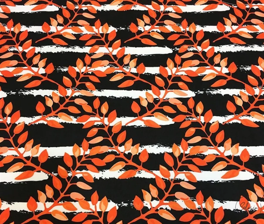 Black and White Striped Curtain Fabric with Orange Leaves Black and White Striped Curtain Fabric with Orange Leaves - Image 1