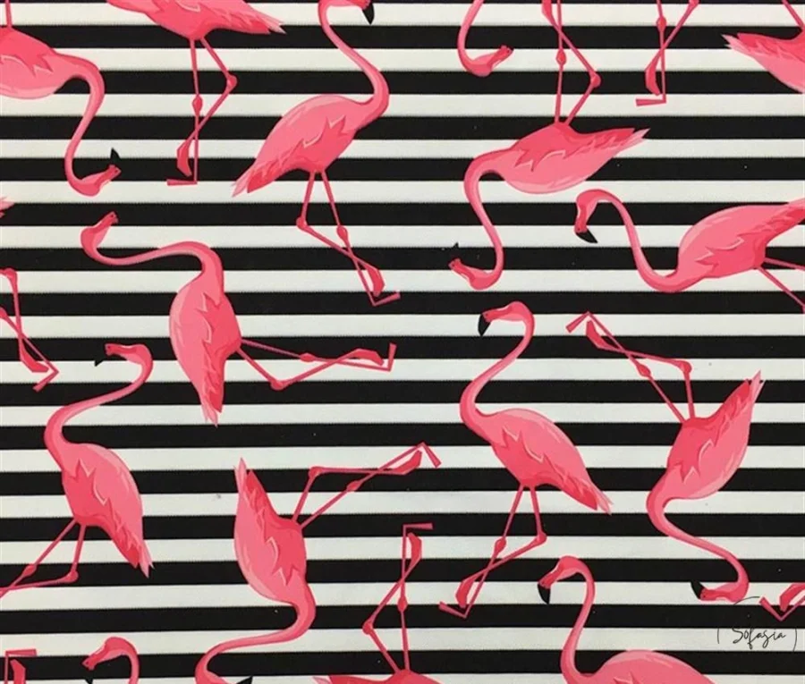 Black and White Striped Pink Flamingo Patterned Upholstery Fabric Black and White Striped Pink Flamingo Patterned Upholstery Fabric - Image 1