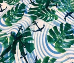 Blue Wavy Stripes and Leaves Pattern Upholstery Fabric