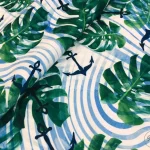 Blue Wavy Stripes and Leaves Pattern Upholstery Fabric