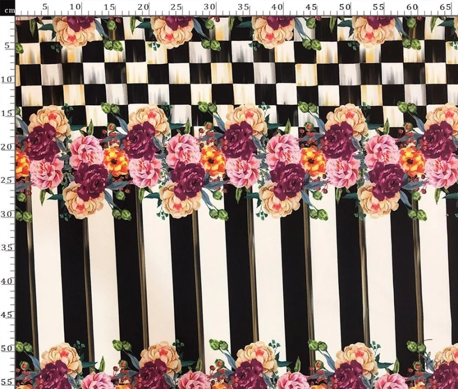 Checked Pink Floral Striped Curtain Fabric Checked Pink Floral Striped Curtain Fabric - Image 1