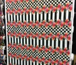 Checkerboard and Floral Patterned Vertical Striped Upholstery Fabric