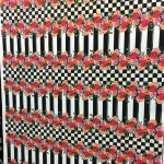 Checkerboard and Floral Patterned Vertical Striped Upholstery Fabric