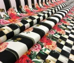 Checkerboard and Floral Patterned Vertical Striped Upholstery Fabric - Image 7